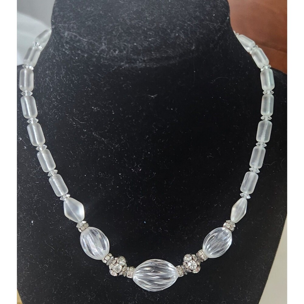 Vtg 1960s Clear Lucite Frosted Acrylic 14" Choker Necklace Rhinestone Rondelle